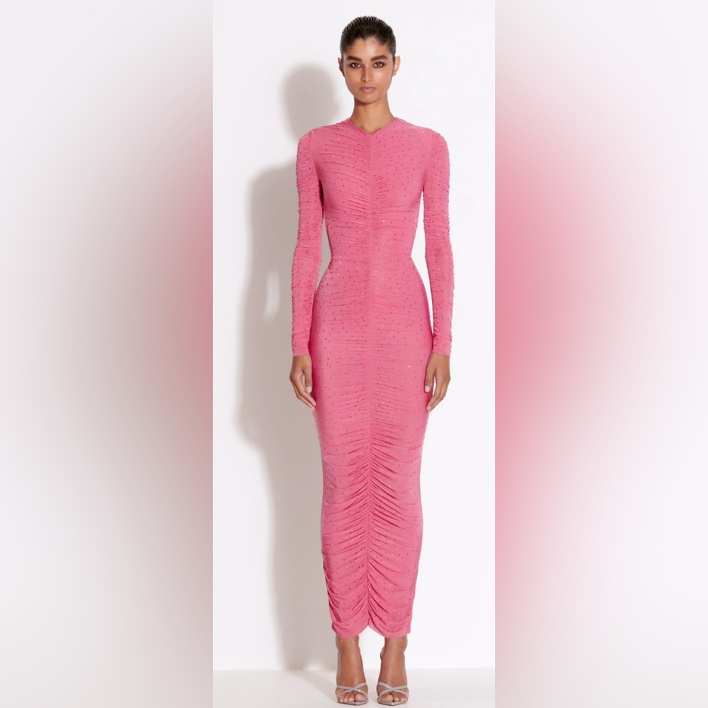 Long Sleeve Ruched Column in Crystal Jersey